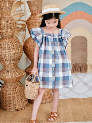 Esmae Linen Dress | Dusty Blue Plaid