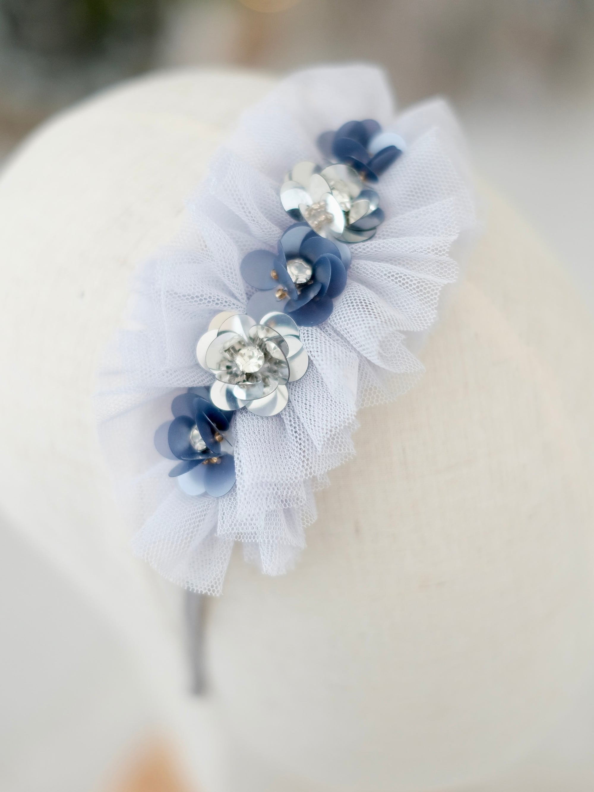 Ruffle Sparkle Floral Headband in Gray and Dusty Blue