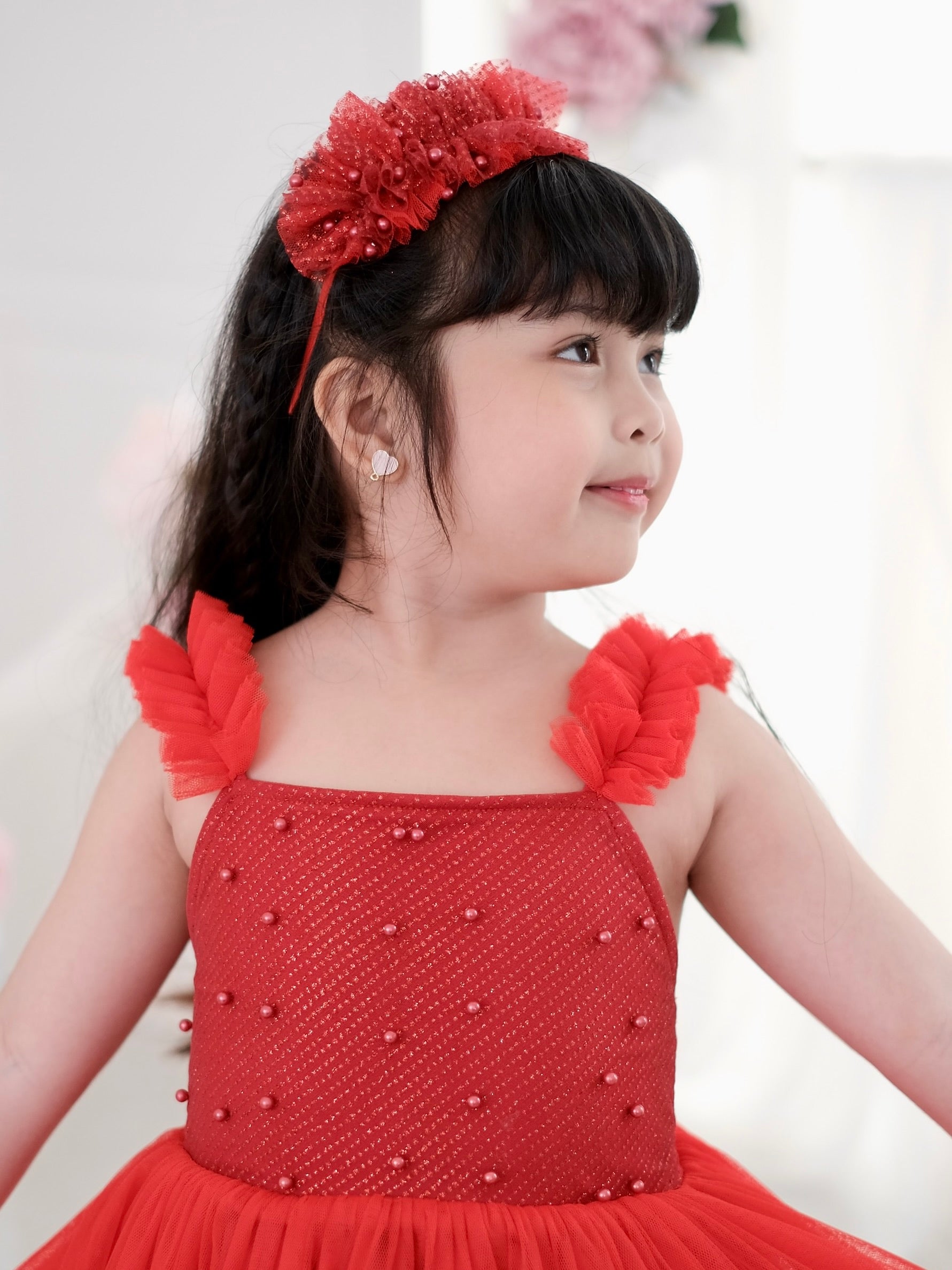 Ruffle Pearl Headband in Crimson | Pre-order