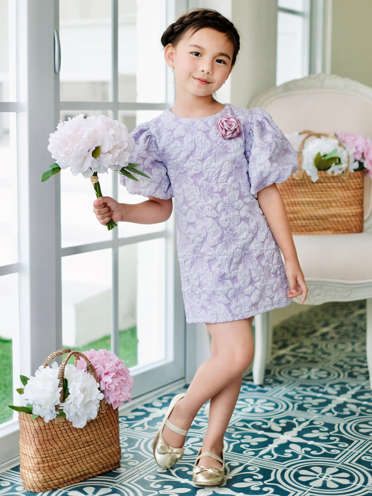 Mabelle Jacquard Dress with Floral Brooch - Laila and Lyra