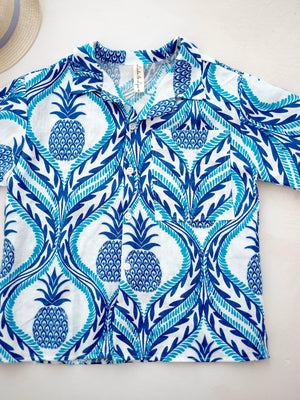 Open Collar Shirt | Printed Linen | Pineapple